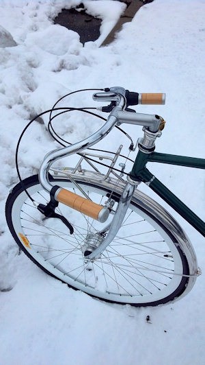 Cody's Cafe Cruiser 4 Mustache handlebars and front rack give that vintage utility look. T generator hub is awaiting a modified period lighting set