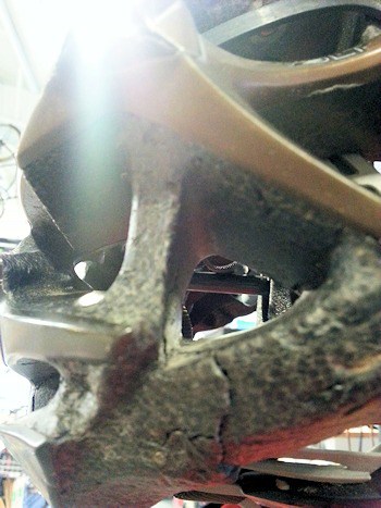 Head Case 4 Tripp's helmet after a trail fall